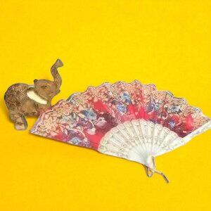 Red Floral Fabric Foldable Fan with Glitter